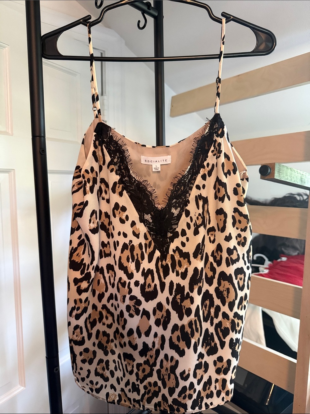 Socialite Leopard-Print Lace Trim Cami in Beige and Black